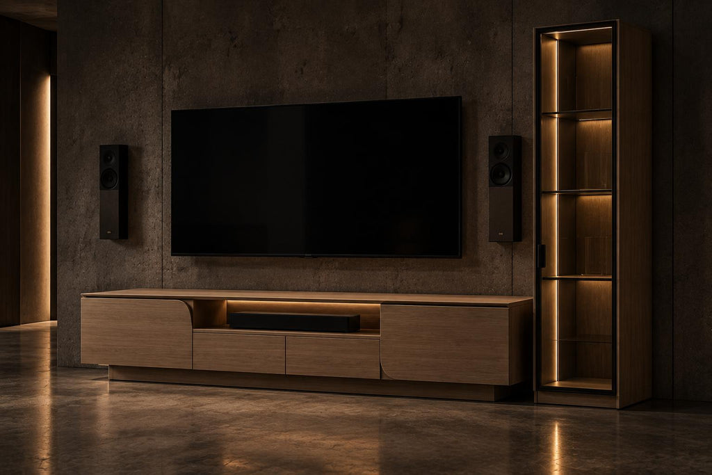 Comodă TV Gia din stejar masiv, cu raft deschis central cu iluminare LED și sertare laterale, într-un living cu perete din beton aparent, decorat cu boxe audio