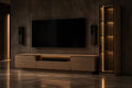 Comodă TV Gia din stejar masiv, cu raft deschis central cu iluminare LED și sertare laterale, într-un living cu perete din beton aparent, decorat cu boxe audio
