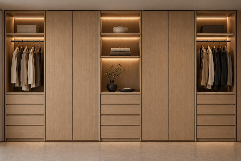 Dressing modular Nora, vedere frontală cu module cu uși, secțiuni deschise cu iluminare LED și sertare.