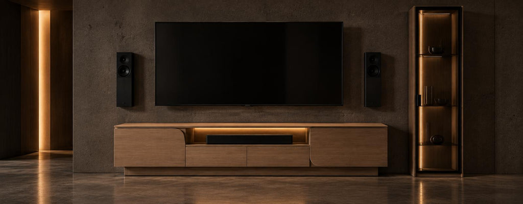 Comodă TV Gia din stejar masiv, cu raft deschis central cu iluminare LED și sertare laterale, într-o cameră cu pereți texturați și lumină caldă
