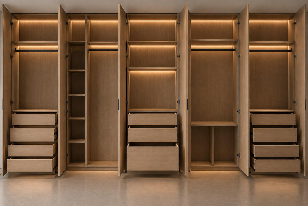 Dressing modular Nora, detaliu interior cu module deschise: bară de haine, polițe și sertare, cu iluminare LED integrată.
