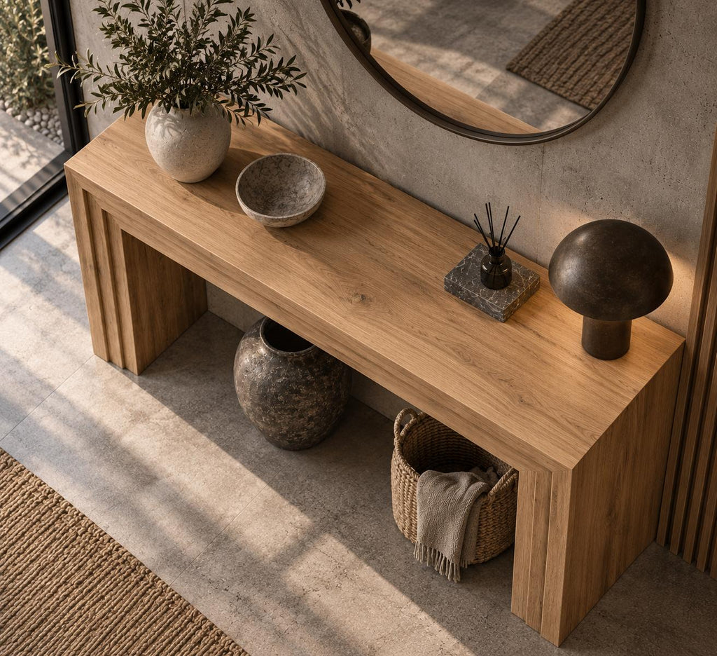 Consolă Athena din stejar masiv lângă o fereastră mare, cu picioare-panou cu profil în trepte, decorată cu boluri ceramice, un obiect decorativ și un coș din fibre naturale