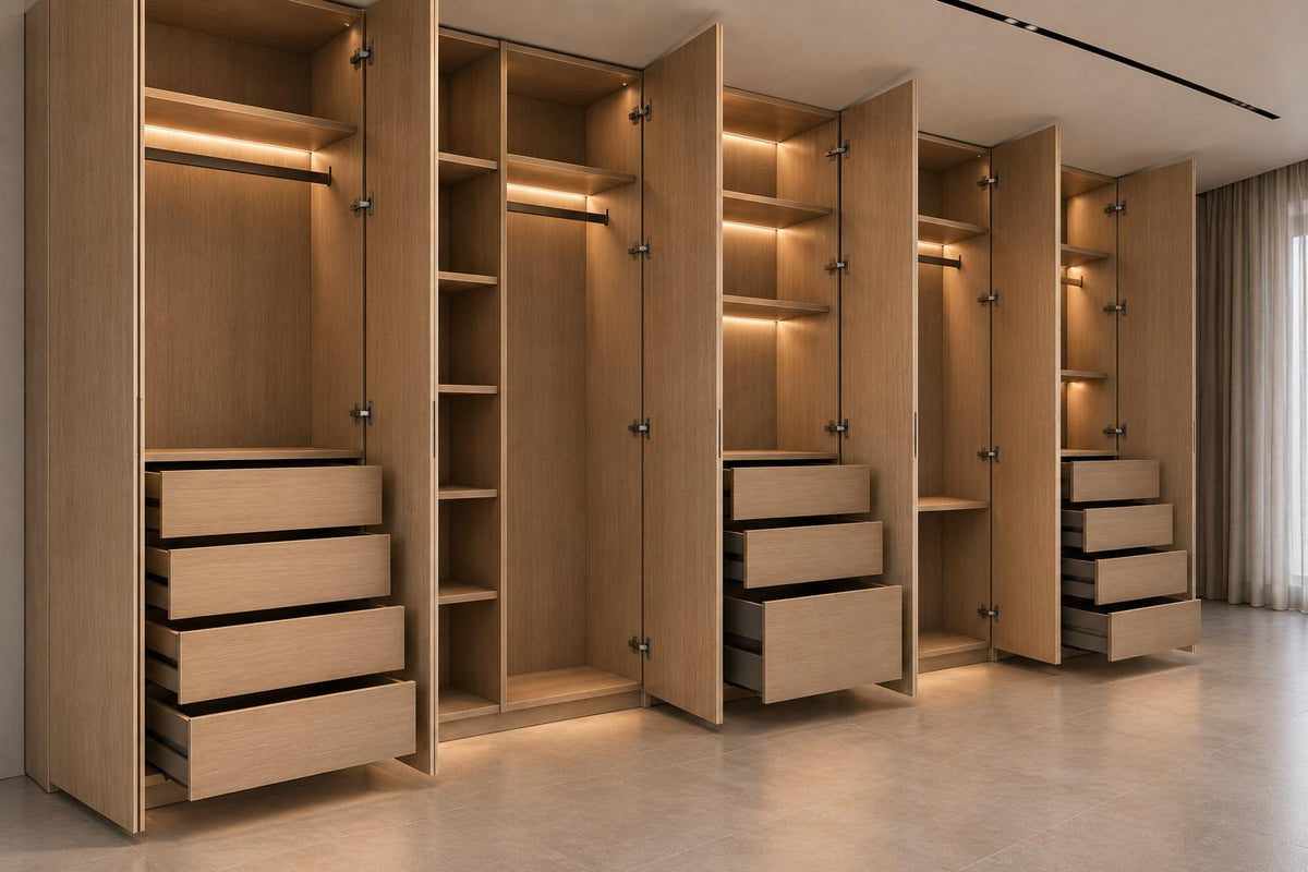 Dressing modular Nora, vedere din unghi cu modulele deschise, sertare, polițe și bară de haine, iluminare LED caldă integrată.