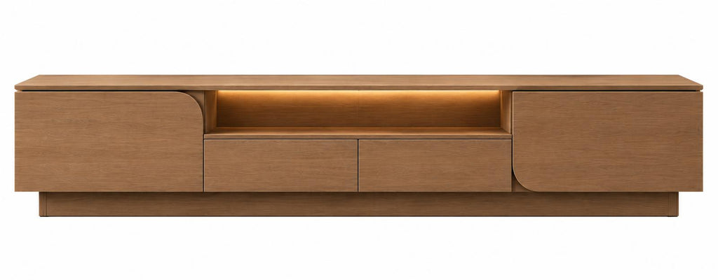 Comodă TV Gia din stejar masiv, imagine izolată, vedere frontală cu raftul deschis central cu iluminare LED și sertarele laterale