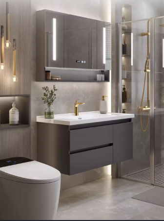 Mobilier baie cu lavoar Tromso - mobilier baie suspendat gri antracit, blat cu lavoar integrat, baterie aurie, iluminare LED - 4Kanto