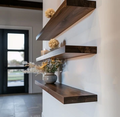Etajeră perete Nordic - set trei rafturi flotante din lemn închis, montare în trepte asimetrice, design modern - 4Kanto