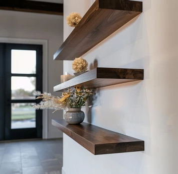 Etajeră perete Nordic - set trei rafturi flotante din lemn închis, montare în trepte asimetrice, design modern - 4Kanto