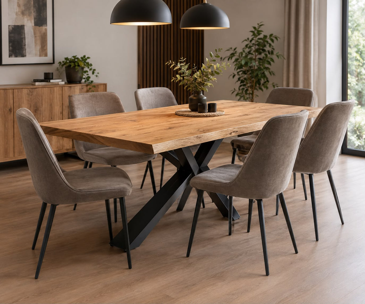 Masă dining Emma din lemn masiv de stejar, 180x85 cm, în sufragerie cu scaune tapițate - 4Kanto