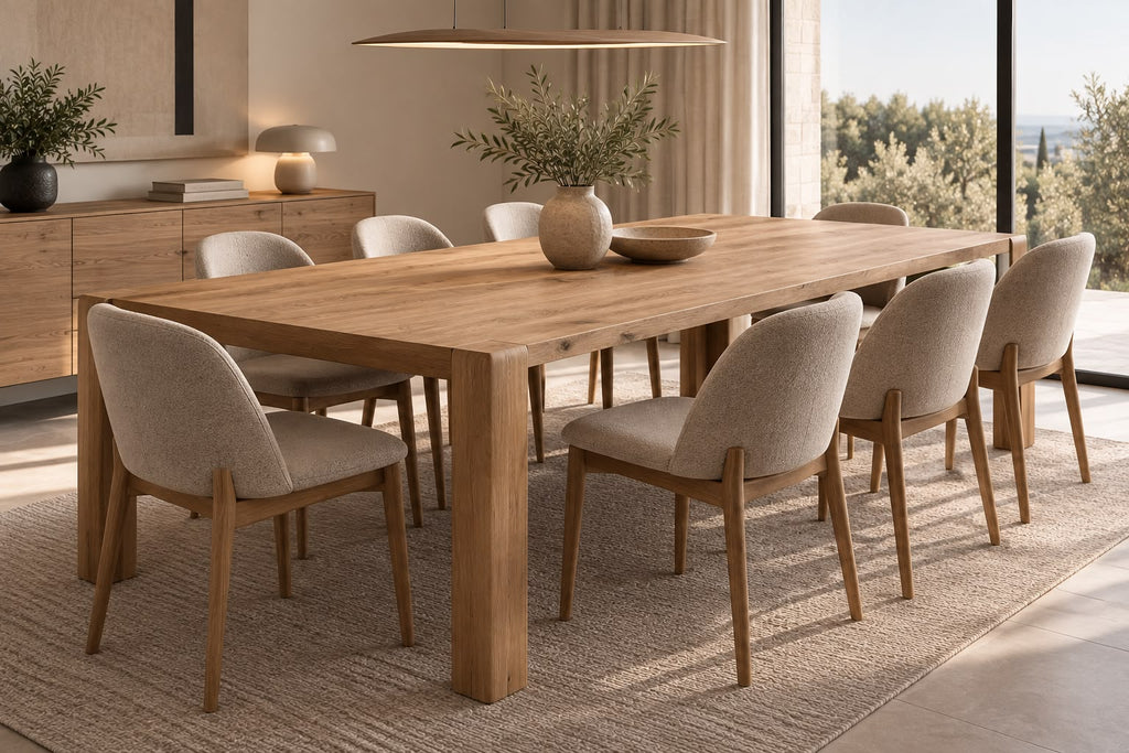 Masă dining Soffy din lemn masiv de stejar, finisată cu ulei de blat, 180x85 cm, în sufragerie cu scaune tapițate - 4Kanto