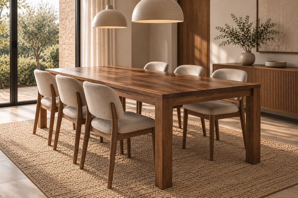 Masă dining Kara din nuc american masiv, în living luminos cu scaune tapițate bej - 4Kanto