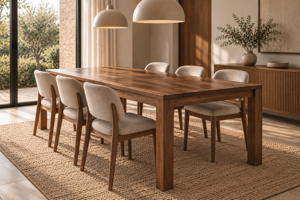 Masă dining Kara din nuc american masiv, în living luminos cu scaune tapițate bej - 4Kanto