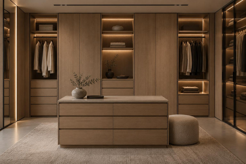 Dressing modular Nora, imagine de ambient a dressingului cu module pe pereți și iluminare LED caldă (mobilierul central din imagine nu face parte din produs).