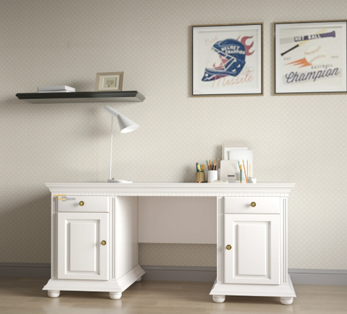 Birou de lucru Helsinki - birou din lemn alb cu două dulăpioare, mânere aurii și detalii decorative - 4Kanto