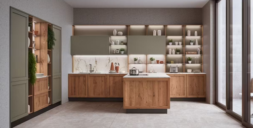 Bucătărie modulară Nordic Oak - mobilier de bucătărie PAL melaminat finisaj stejar deschis, blat efect marmură, insulă centrală - 4Kanto