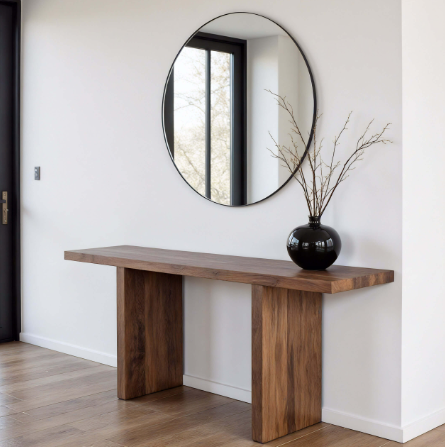 Consolă Florence - consolă din lemn masiv, picioare masive tip bloc, decorată cu vază neagră ceramică, oglindă rotundă cu ramă neagră deasupra - 4Kanto