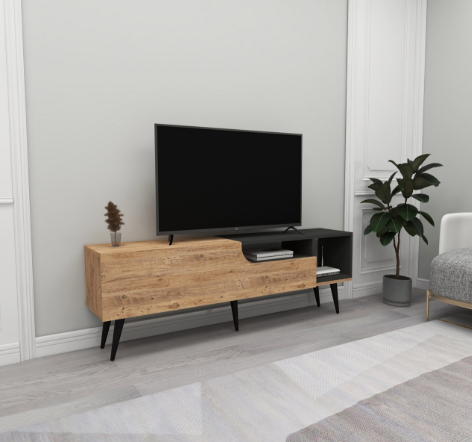 Comodă TV Aalborg - comodă TV joasă PAL finisaj stejar deschis, picioare conice negre, living modern - 4Kanto
