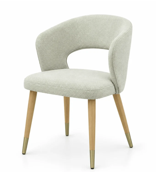 Scaun tapițat Bergen - scaun modern tapițat textil bej, spătar curbat, picioare din lemn natural cu vârfuri metalice aurii - 4Kanto